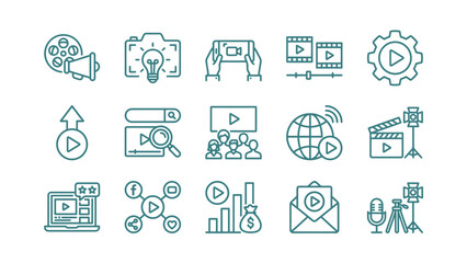 Fototapeta premium Comprehensive Set of Video Marketing and Digital Content Creation Line Icons for Media Production