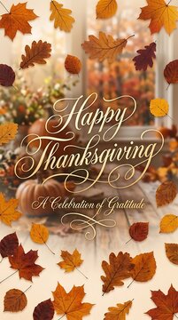 Happy thanksgiving greeting card with falling autumn leaves and rustic pumpkin decor