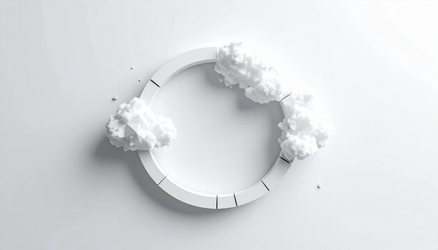 Abstract circular frame design with fluffy white clouds on a clean white background representing tranquility and minimalist creative space concept.