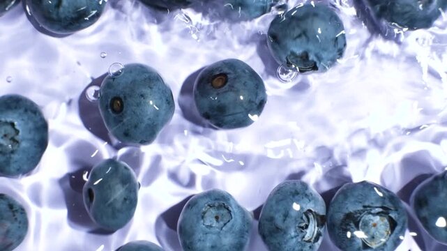 Macro shot of ripe blueberries in splashing water slow motion.