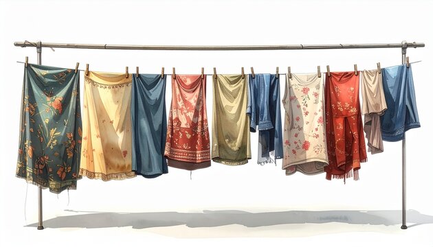 Colorful clothes and fabrics hanging on a metal rack to dry in the bright sunshine against a clean white background for a household concept.