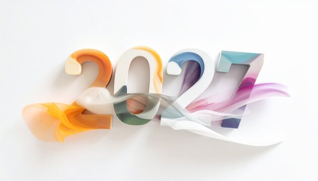 A festive and creative representation of the year twenty twenty seven with colorful abstract swirling smoke and elegant 3D typography design.