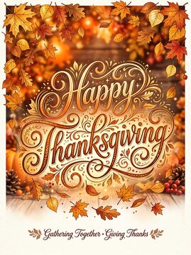 Happy thanksgiving greeting card with decorative calligraphy and colorful autumn leaves