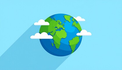 Fototapeta premium A flat vector style illustration of the planet earth with clouds against a light blue background representing global environmental concept.