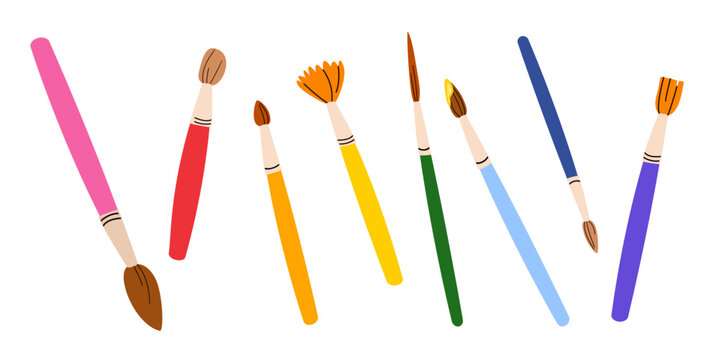 Colorful collection of paint brushes isolated on a white background. Flat illustration of artistic tools for drawing, school creative, workshops