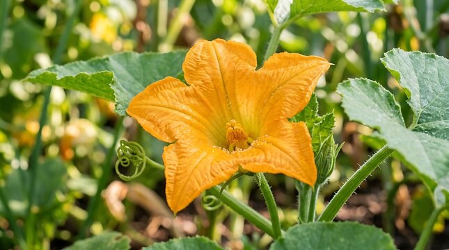 Bright yellow squash blossom blooming in a lush organic vegetable garden