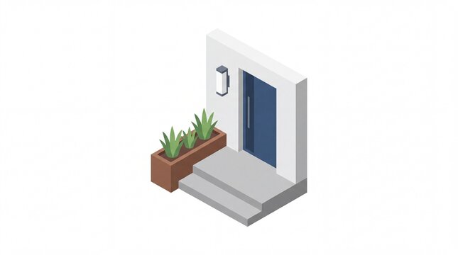 Modern isometric house entrance featuring a blue door with grey steps and a green plant box on a white background for architectural design