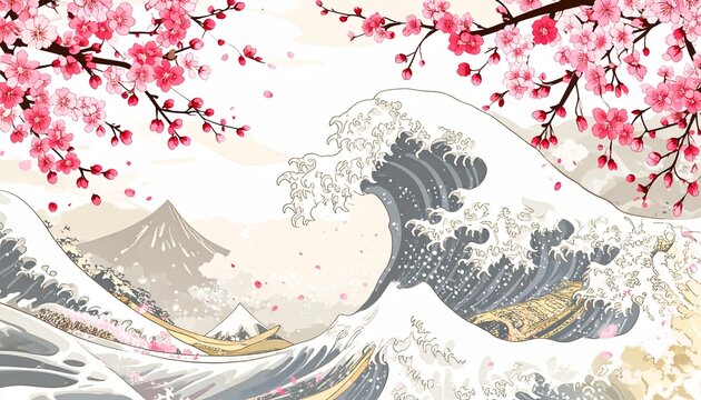 Beautiful traditional Japanese style illustration featuring giant ocean waves with cherry blossom branches and a mountain in the background.