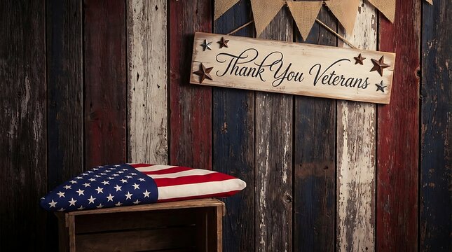 American flag on wooden crate with thank you veterans wooden sign