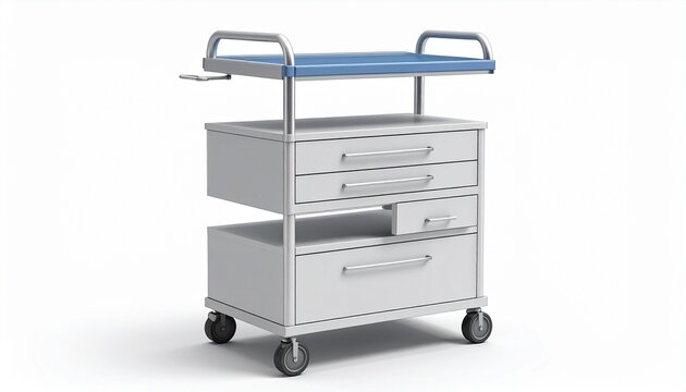 A professional medical cart with multiple storage drawers and metal structure isolated on a clean white background for clinic supply usage.