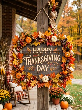 Rustic happy thanksgiving day wooden sign decorated with colorful autumn leaves