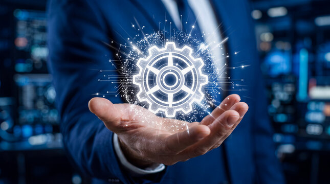Businessman holding glowing digital gear icon representing technology automation, process optimization, engineering management, artificial intelligence, corporate workflow, and digital innovation