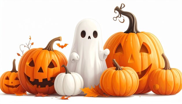 Cute cartoon ghost standing with carved jack o lantern pumpkins and fallen autumn leaves isolated on a white background for halloween holiday.