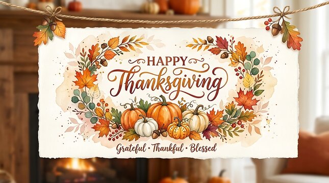 Happy thanksgiving banner with watercolor autumn leaves and pumpkins for holiday decor