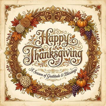 Vintage thanksgiving greeting card with ornate floral wreath and calligraphy text