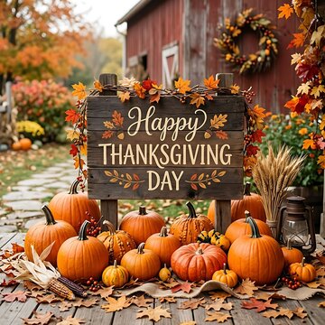 Rustic wooden sign with happy thanksgiving day text and orange pumpkins