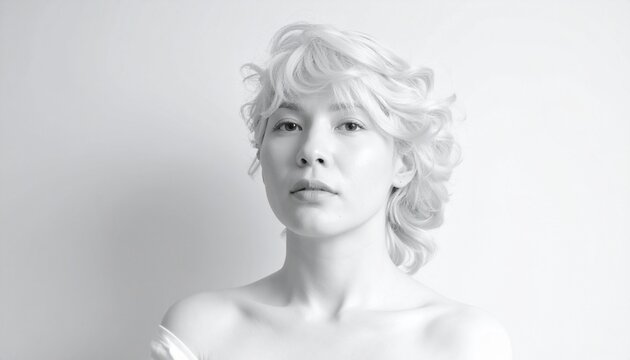 A stunning black and white portrait of a young woman with elegant blonde curly hair posing confidently against a neutral studio background.