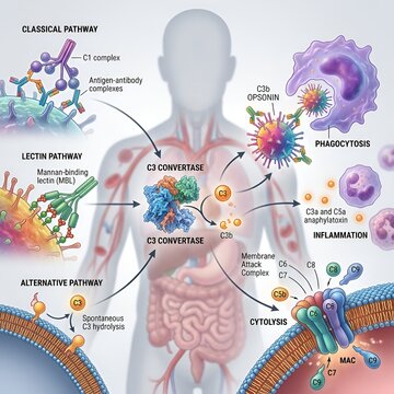 Detailed medical illustration of the human complement system pathways, including classical, lectin, and alternative pathways leading to immune response, inflammation, and cell lysis