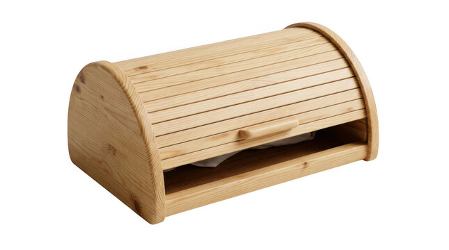 Wooden bread box with roller shutter door and handle natural wood texture for kitchen storage.