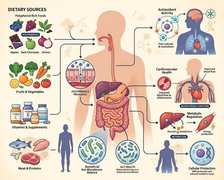 Infographic demonstrating the impact of polyphenol-rich dietary sources on human health and biological systems