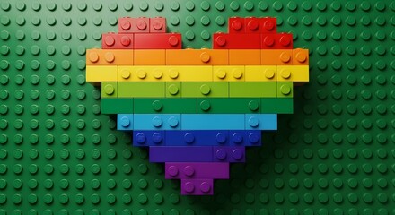 Obraz premium Heart made of rainbow Lego bricks on a green Lego baseplate, symbolizing love and diversity