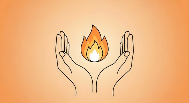 Two open human hands gently holding a burning orange flame against a warm gradient background.