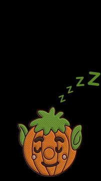 Sleeping embroidered jack o lantern troll Halloween sticker with gentle breathing motion and animated ZZZ symbols in a seamless vertical loop. Stitched carved pumpkin character, transparent background