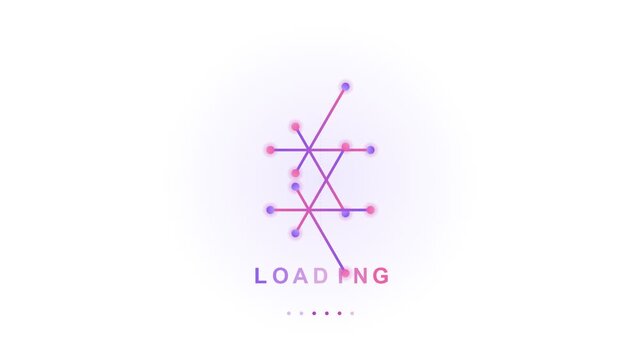 Geometric line graph node loading animation video. Connecting purple abstract dots and lines with status text for web preloader motion graphics design