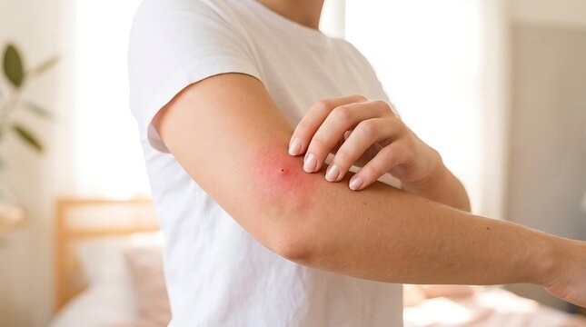 Close-up of a woman scratching a painful insect bite on her arm, showing red skin inflammation caused by an insect bite reaction, medical concept of allergic insect bite symptoms.
