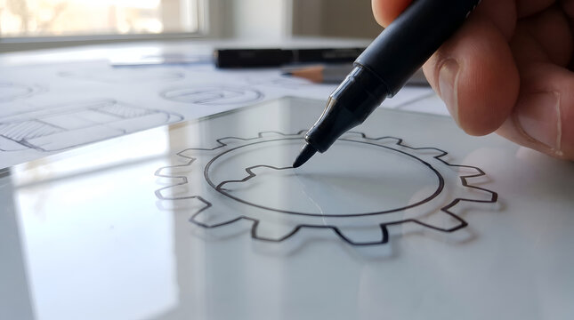 Engineer hand drawing mechanical gear shape on transparent glass board with marker
