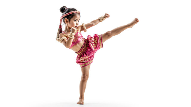 Young girl performing high kick in traditional pink Thai dance costume against white background, concept of martial arts training and cultural performance