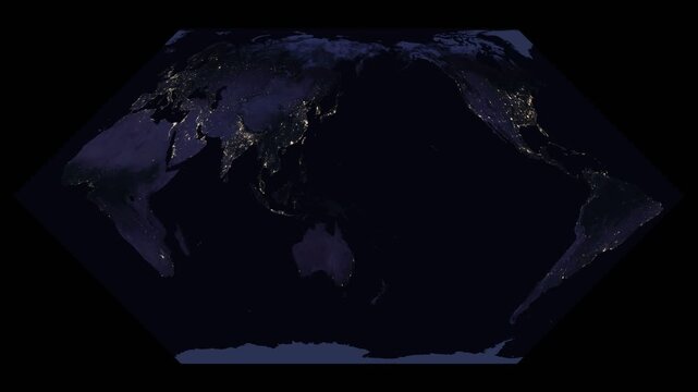 Eckert II world map projection. Animated night lights texture of Earth. Illuminated urban.