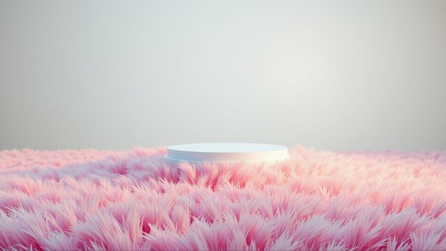 Minimalist scene. White cylindrical platform rests upon soft pink grass. Soft lighting creates dreamy atmosphere. Simple, elegant presentation.