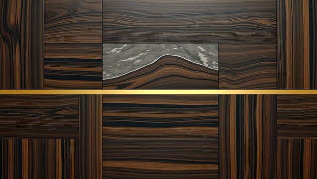 Seamless Geometric Pattern with Shou Sugi Ban Wood White Carrara Marble and Brass Metal Inlay