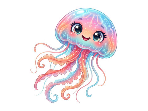 Adorable cartoon jellyfish with big eyes on white background, friendly