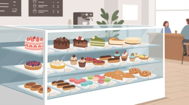 A tempting flat design illustration showcasing a vibrant display counter filled with a delicious assortment of cakes and pastries in a cafe. This vector artwork highlights the sweet offerings and bake