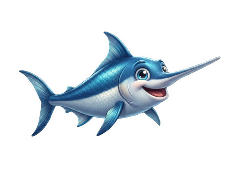 Friendly cartoon swordfish character with sea creature, ocean life