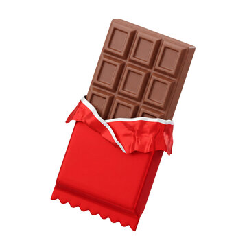 Premium milk chocolate bar partially unwrapped in vibrant red foil wrapper isolated on transparent background ideal for sweet snack food design and dessert branding projects