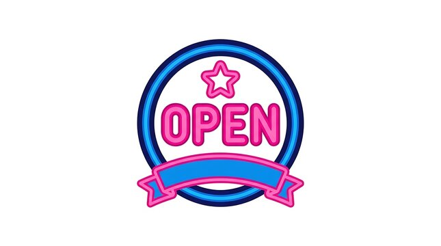 Retro Neon Open Sign with Star and Ribbon Banner