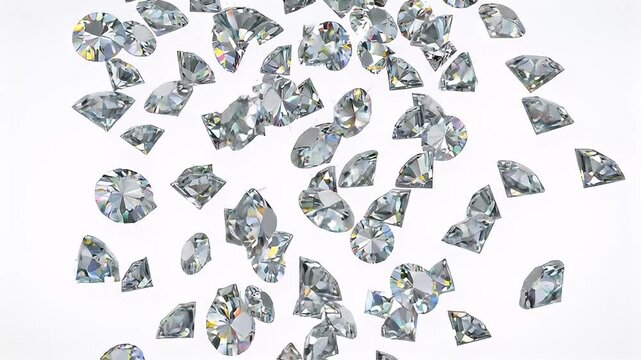 Numerous diamonds of various sizes scattered across a white background