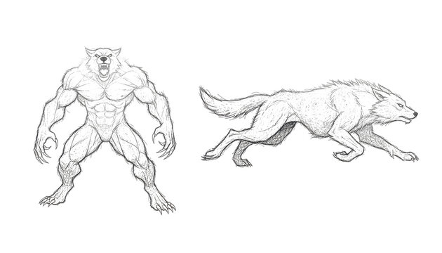 Pencil Drawing of Werewolf and Running Wolf Sketch