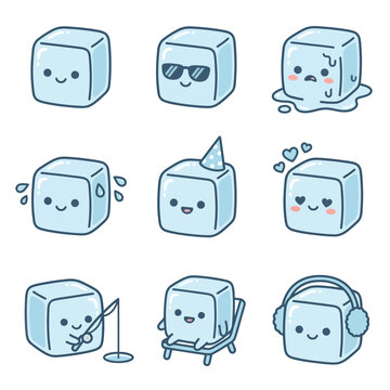 Collection of blue ice cube characters with various expressions.
