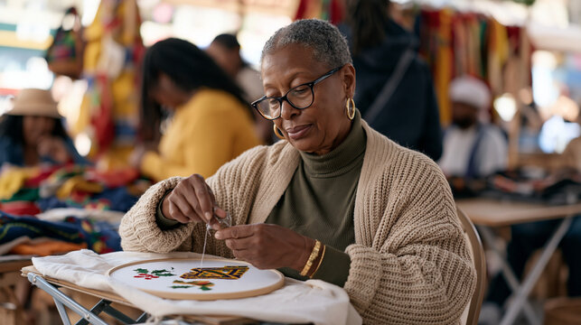 An embroiderer threads a needle at a busy market stall, her work spread across a folding table among vivid festive textile vendors, the single professional focused amid the