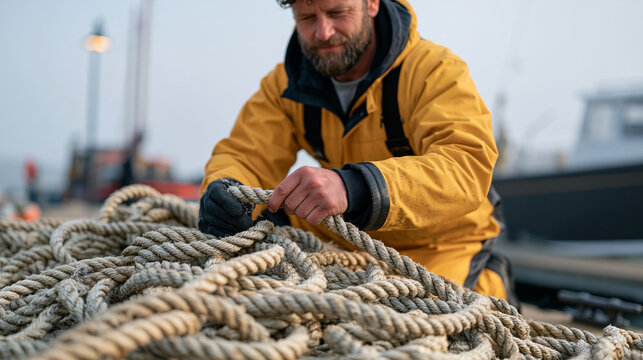 Rain soaked dock ropes hang slack from iron cleats after a winter storm, a nautical rigger in oilskins kneels examining frayed yacht halyards under a quayside lamp, puddles