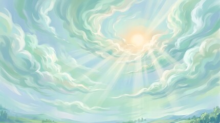 Obraz premium Sunlight Breaking Through Soft Clouds Over Rolling Green Hills