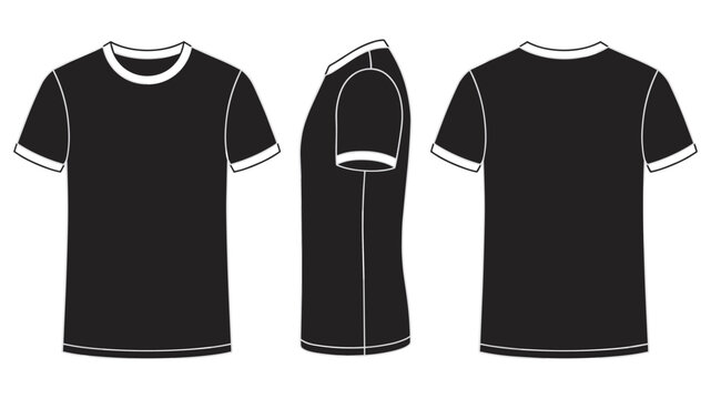 Blank black ringer t-shirt illustration (multi-view) featuring front, side, and back views, technical fashion flat sketch template.