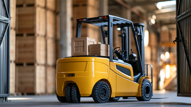Yellow forklift truck parked inside industrial warehouse next to open gate, stacked wooden boxes, logistics distribution concept, defocused background, with copy space