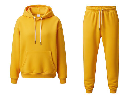 Yellow hoodie and sweatpants set. Blank sportswear mockup for casual fashion design.