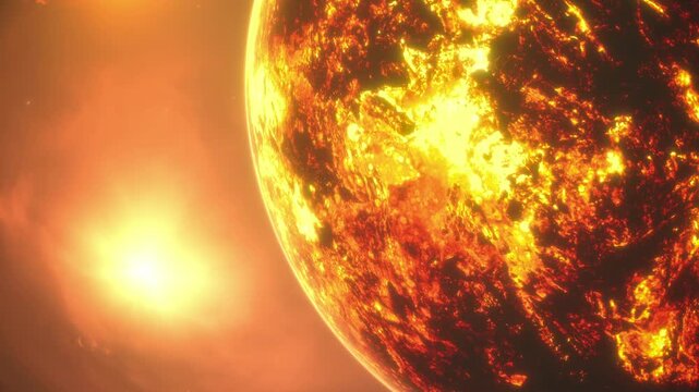 Zoom Out Fiery Sun Sphere Edge Emitting Powerful Heat and Solar Flare Energy in Outer Space.