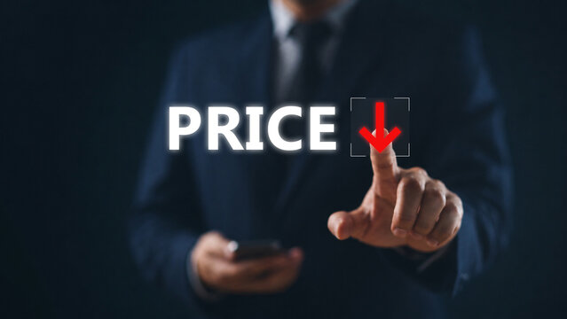 Low price concept. Businessman thouching arrow down, low price stimulate the economy and maeket. decline price 